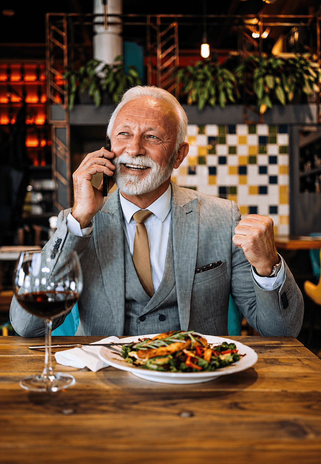 A smiling guest enjoying a meal at a restaurant